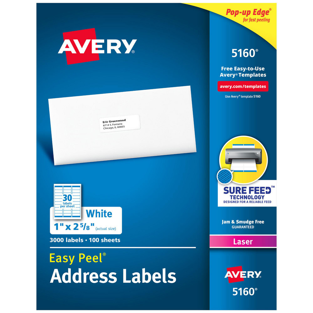 Easy Peel White Address Labels W/ Sure Feed Technology, Laser Printers, 1 X 2.63, White, 30/sheet, 100 Sheets/box